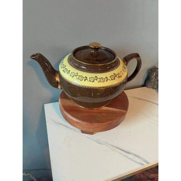 Vintage S.E.&R. Staffordshire England Brown Glazed Floral Teapot Gold Trim - Picture 2 of 10